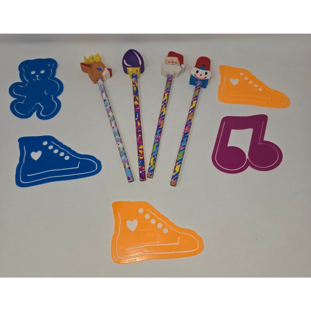 Lisa Frank Vintage Collectible Lot of 4 Christmas Pencils and 5 Stencils Unused